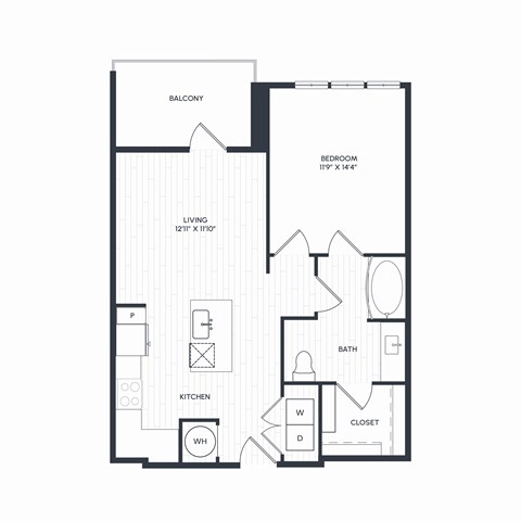 Floor plan for 1 bed, 1 bath, 737 sqft
